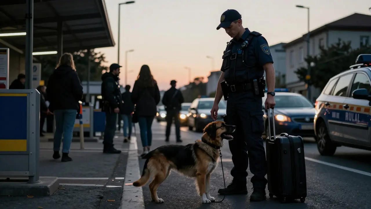 Celní kontrola se stopovacími psy na hranicích Evropy