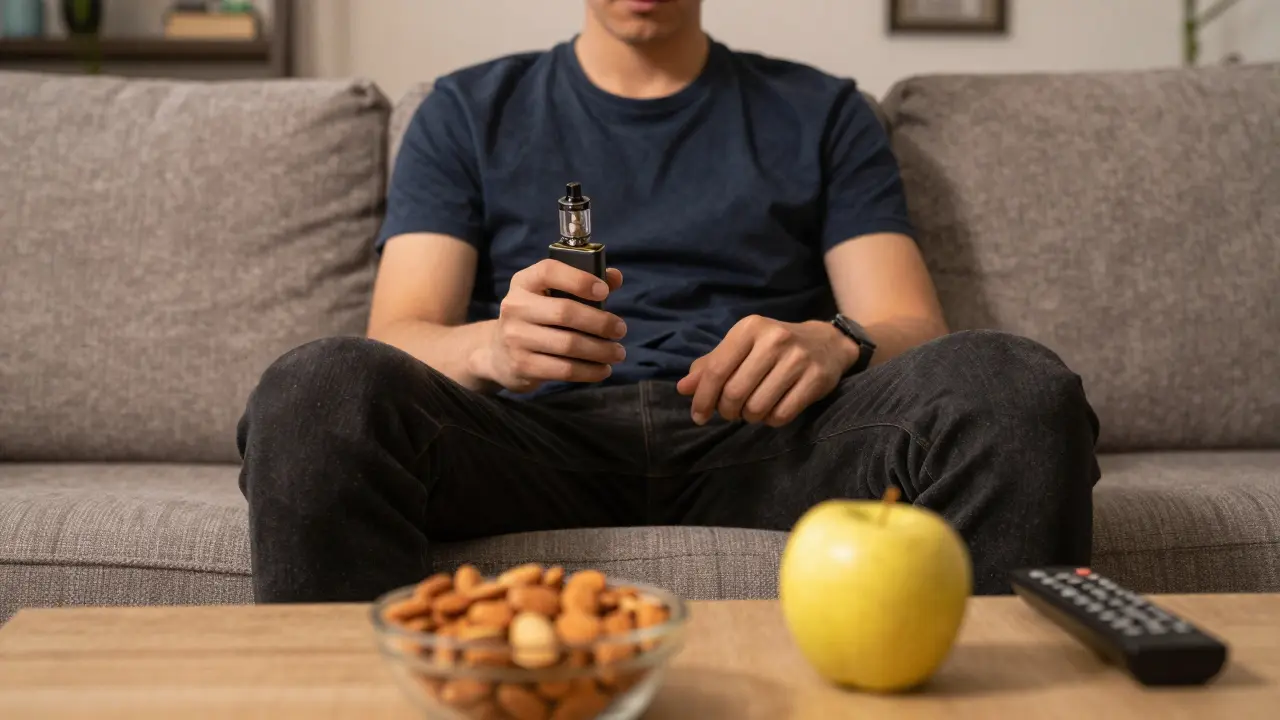 Člověk relaxující na gauči s vapem a zdravými svačinami na stole