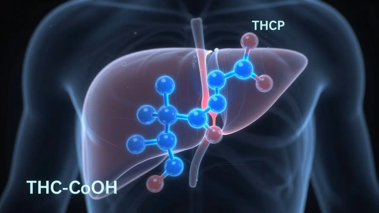 Ilustrace jater přeměňujících THCP na metabolity