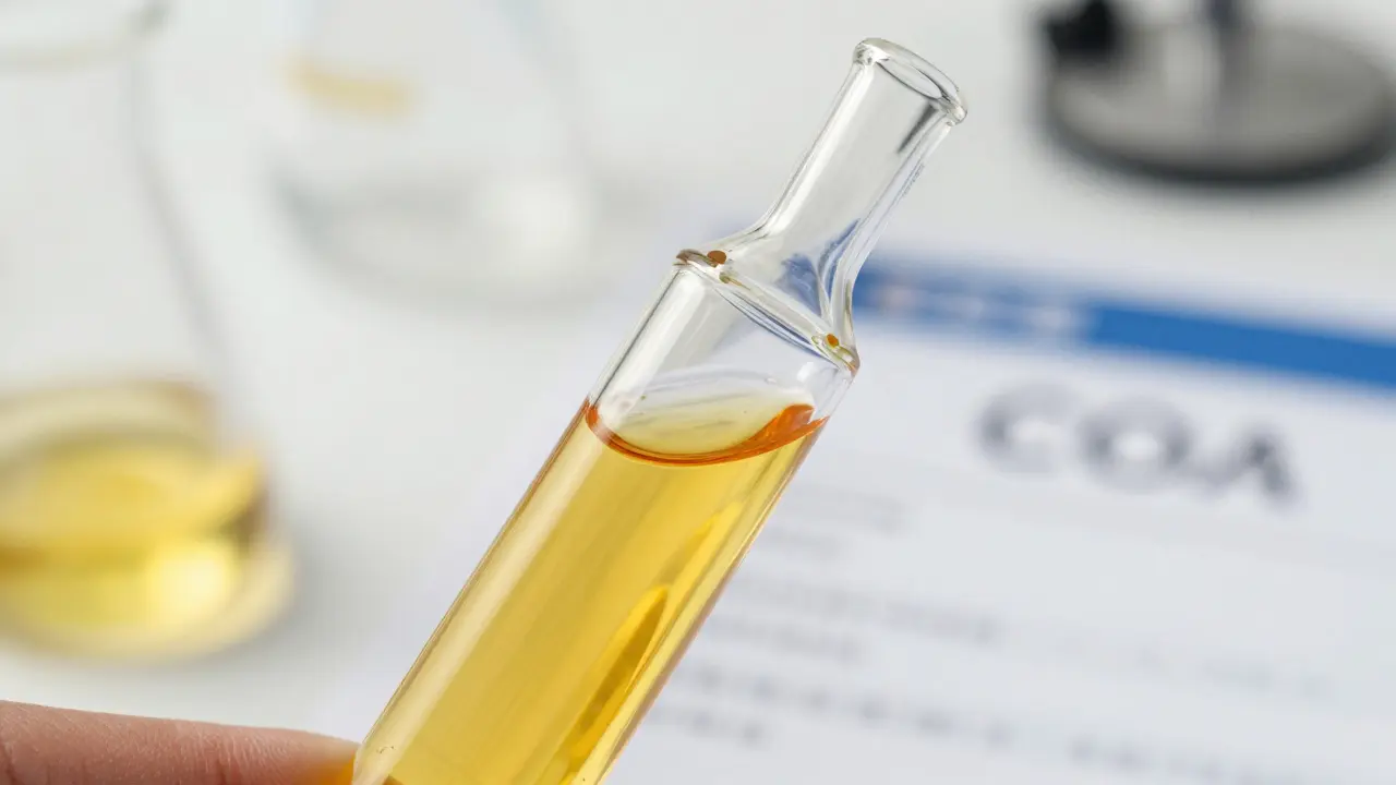 Kvalitní THC olej v kartridži na laboratorním pozadí