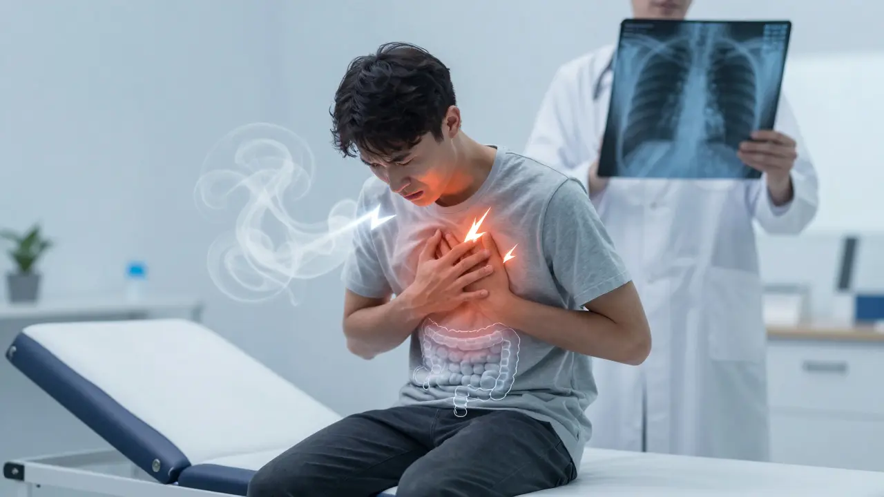 Pacient s příznaky EVALI a rentgenový snímek plic