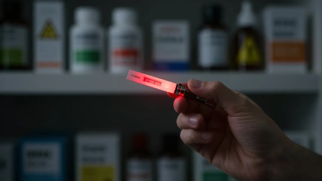Ruka drží vaporizer nad pozitivním testem na drogy v tmavém prostředí