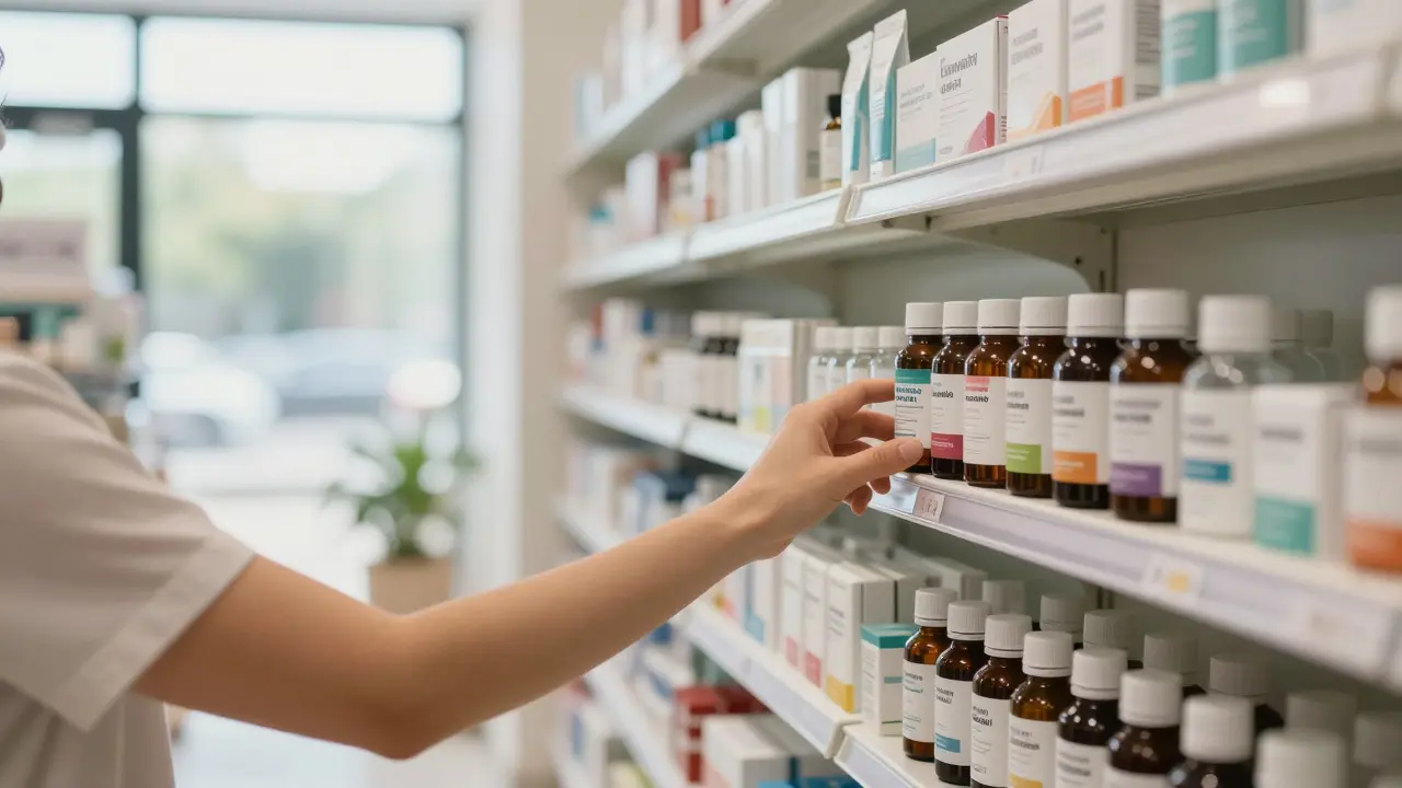 Zákazník vybírá konopný produkt v lékárně