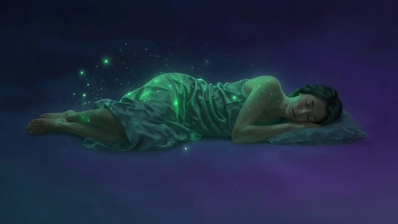 Abstraktní ilustrace klidného spánku s uklidňujícími částicemi