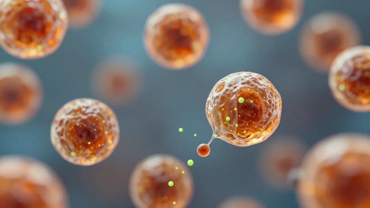 Abstraktní znázornění ukládání THC metabolitů v tukových buňkách