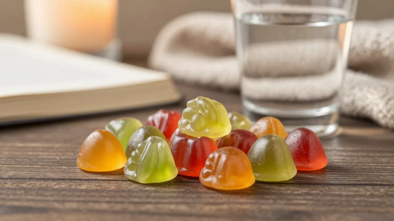 Barevné CBD gummies na dřevěném stole vedle vody