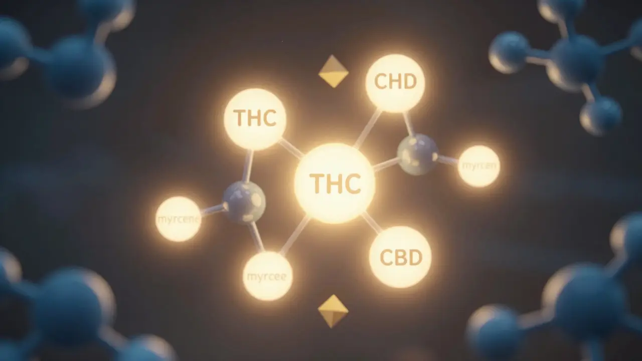 Konceptuální ilustrace molekul THC a CBD spojených synergií terpenů.