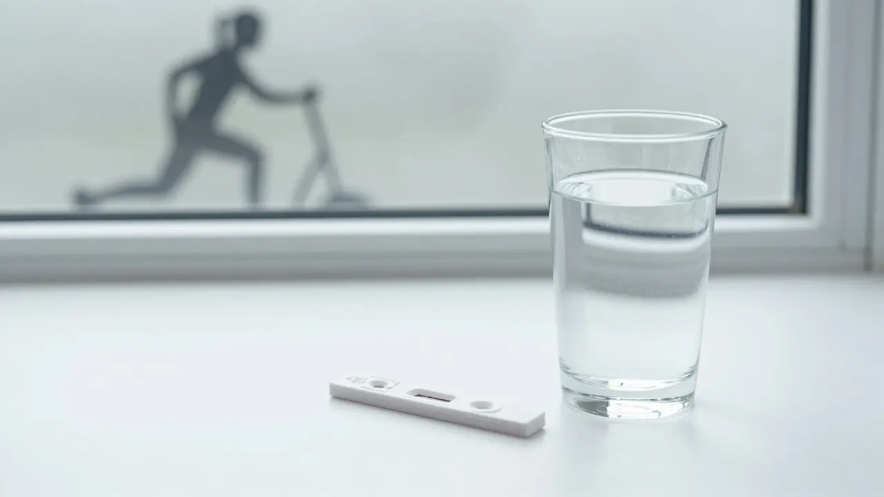 Testovací proužek a sklenice vody v laboratorním prostředí
