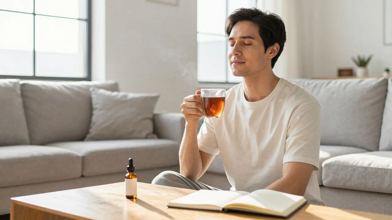 Uvolněný muž v moderním obýváku medituje vedle lahve s CBD