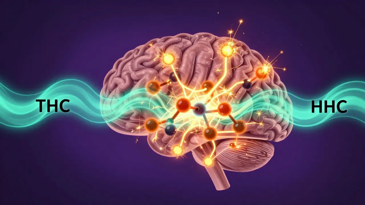 Abstract illustration of HHC and THC molecules binding to brain receptors