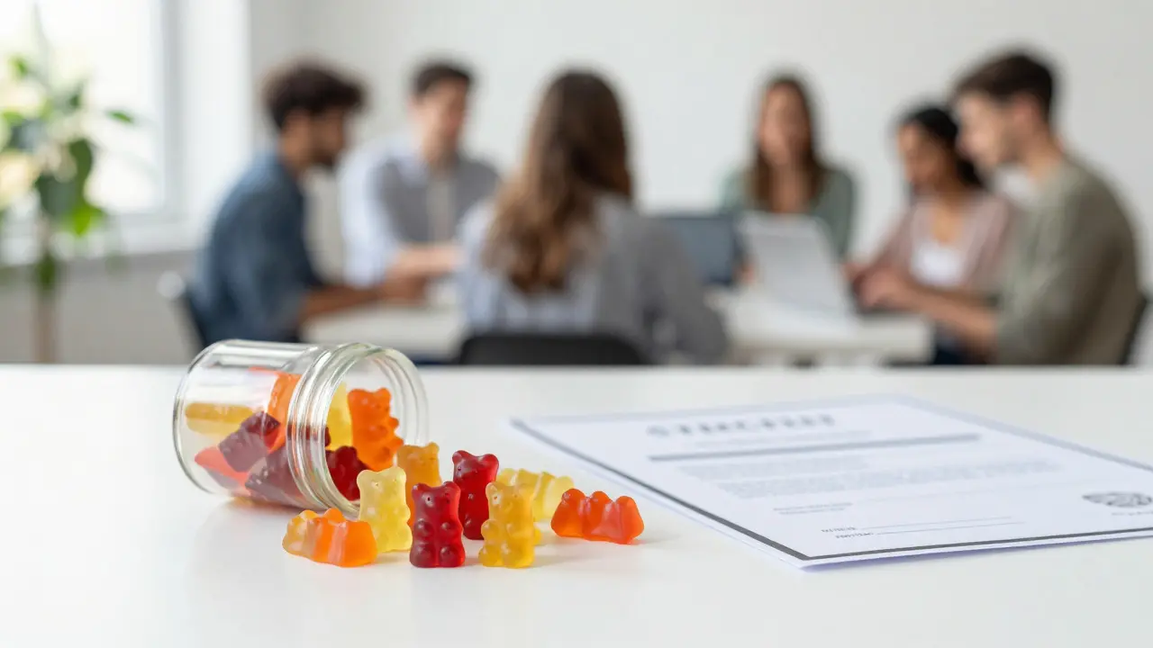 Colorful THC gummy bears on a clean table next to lab certificates, representing modern safe consumption