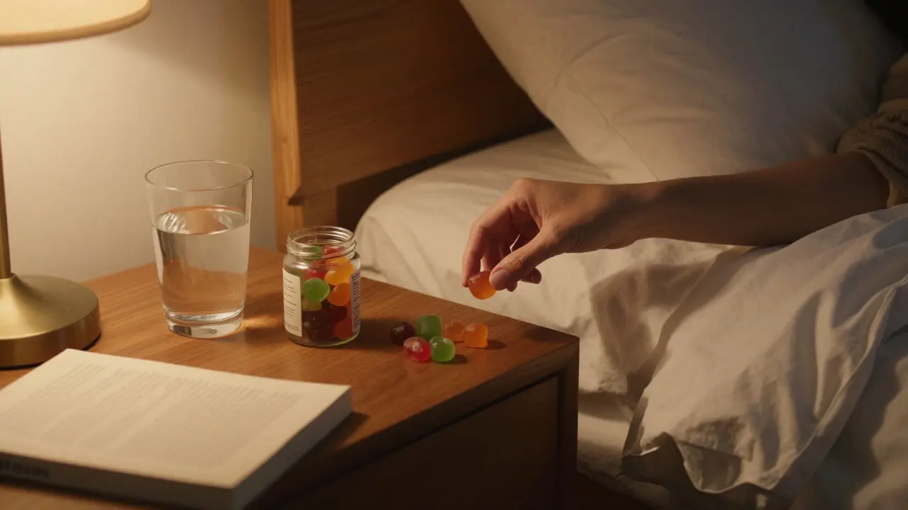 Cozy bedroom nightstand with CBD gummies and a glass of water