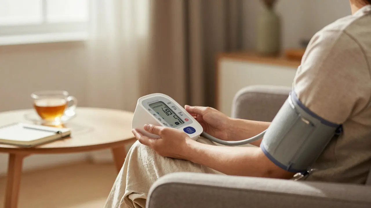 Klidná osoba měřící si doma krevní tlak v příjemném prostředí, důraz na prevenci.