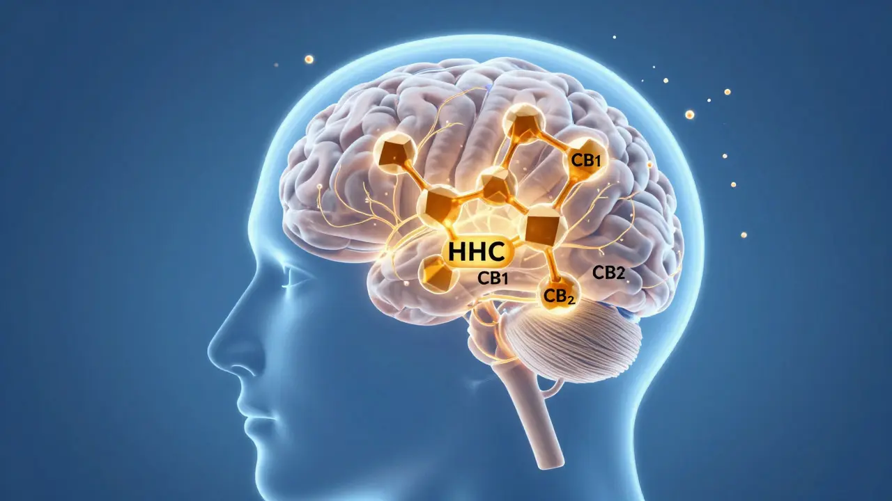 Konceptuální ilustrace interakce molekul HHC s receptory CB1 a CB2 v lidském mozku.