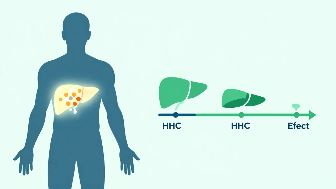 Konceptuální ilustrace metabolismu HHC v játrech a pomalého nástupu účinků