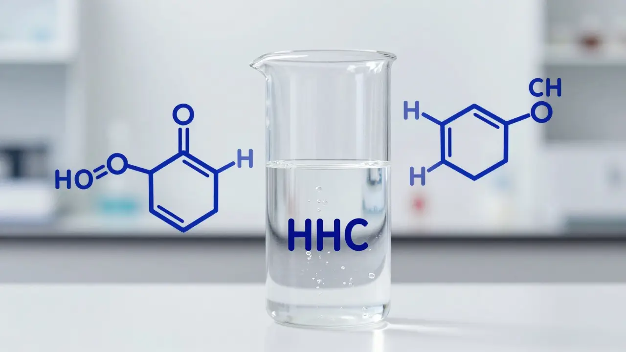 Laboratorní nádoba s tekutinou ilustrující syntézu HHC z CBD