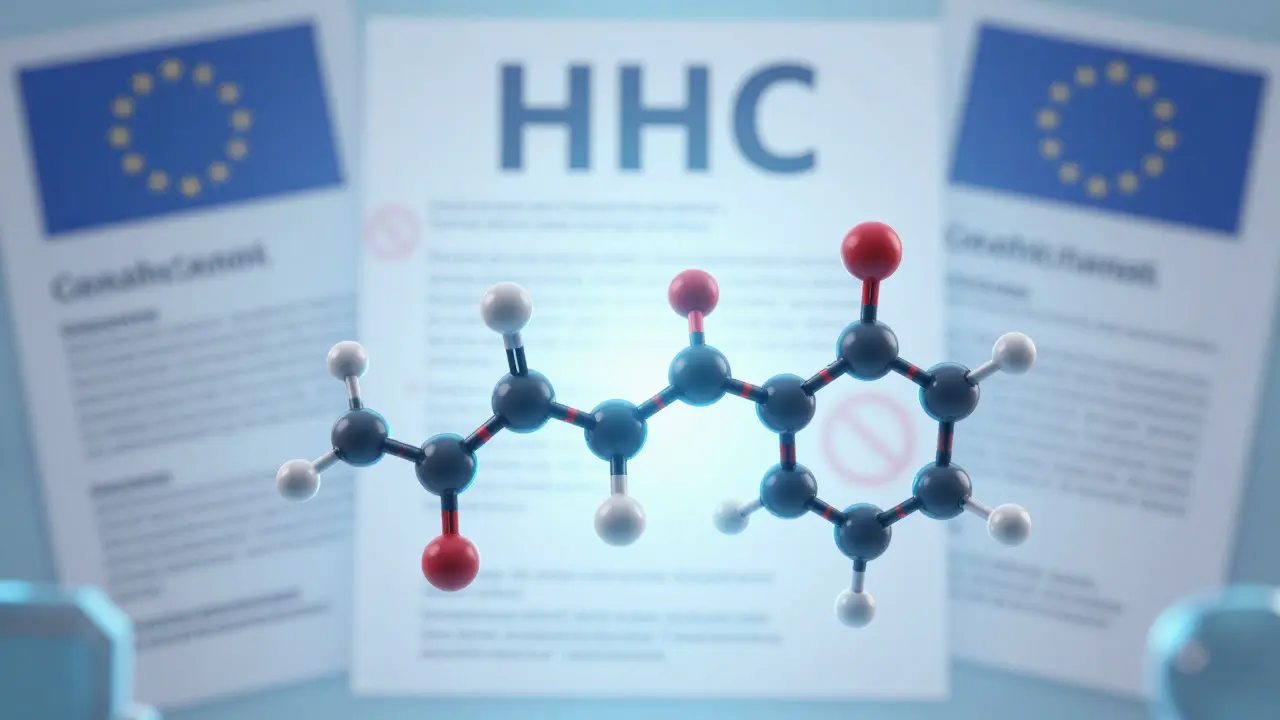 Molekula HHC s právními dokumenty a zákazem prodeje