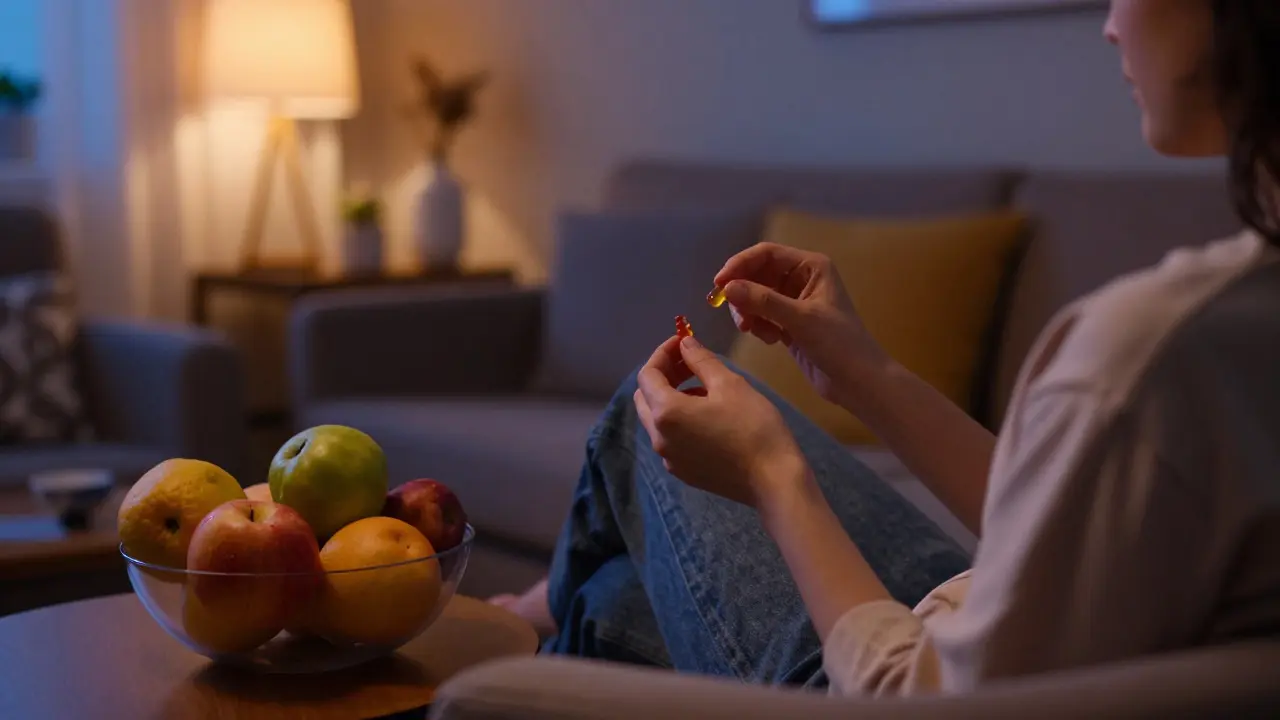 Person relaxing in a chair at night holding a gummy supplement
