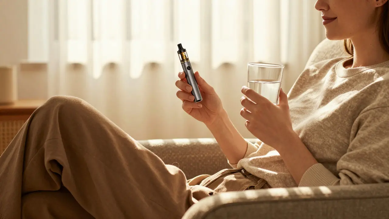 Person relaxing in an armchair with a vape pen during afternoon sunlight