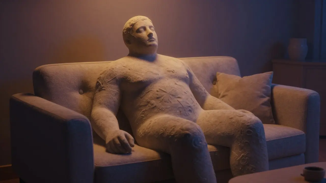 Person sitting heavily on a couch, visually merging with stone texture to show couch-lock effect