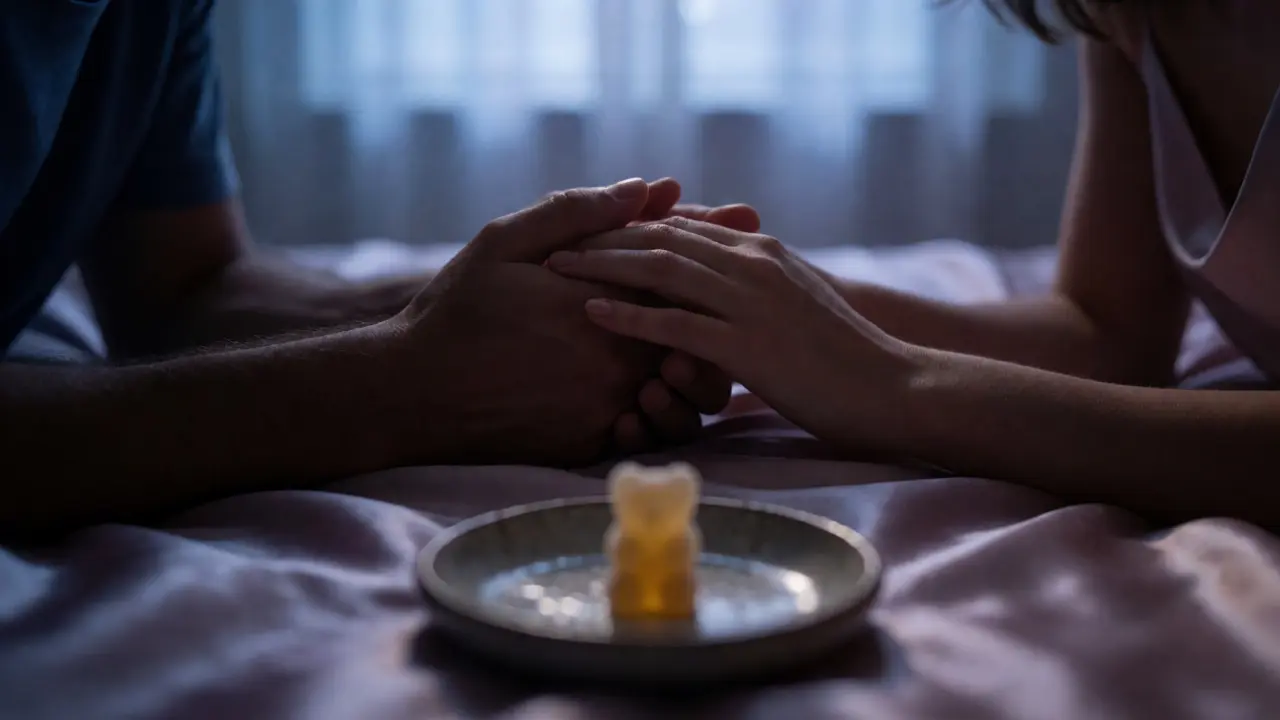 Romantický záběr na spojené ruce v posteli s CBD gummies v pozadí.