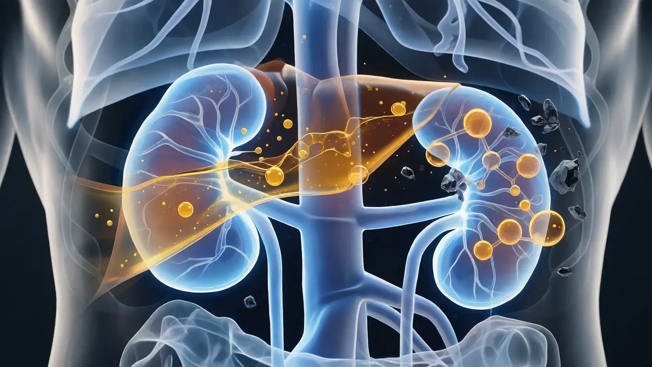 Anatomická ilustrace ledvin a jater s vizualizací metabolizmu kanabinoidů