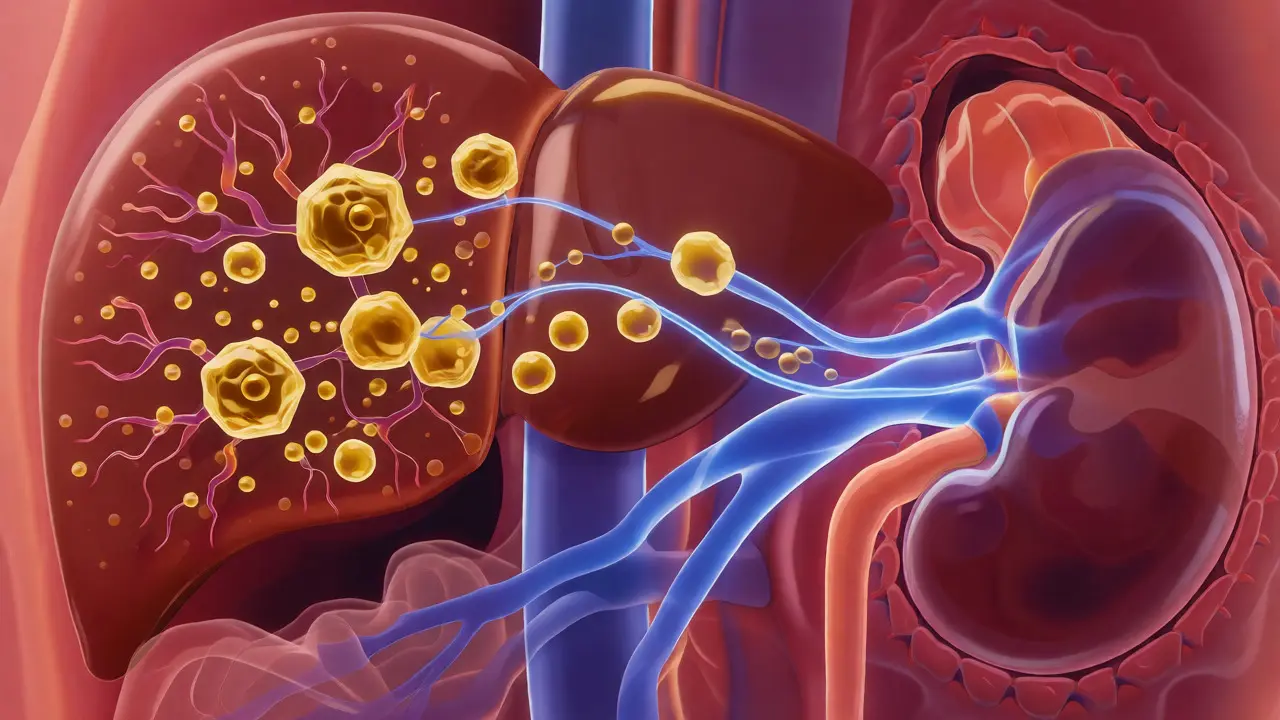 Ilustrace jater rozkládajících molekuly delta-8 na metabolity pro ledviny.