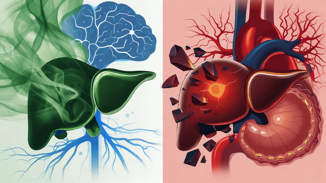 Konceptuální ilustrace jater a mozku pod vlivem THC a alkoholu