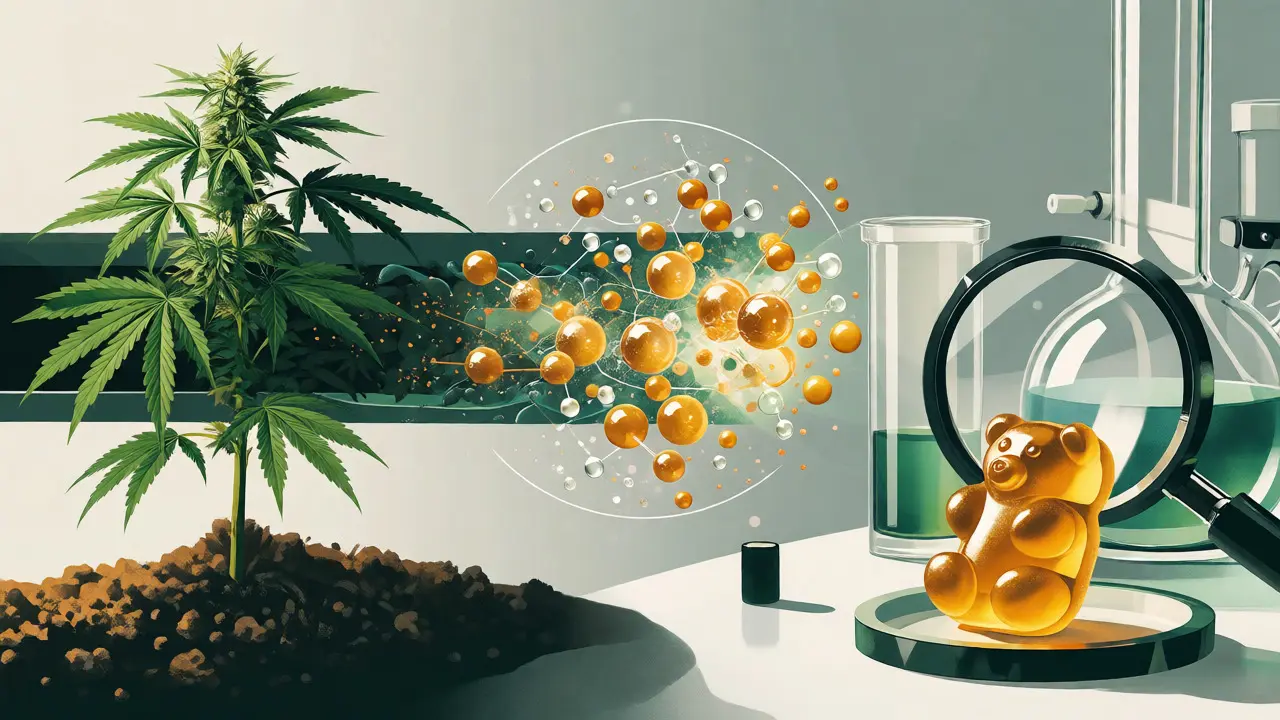 Konceptuální ilustrace výroby CBD od konopí po laboratorní testování kvality.