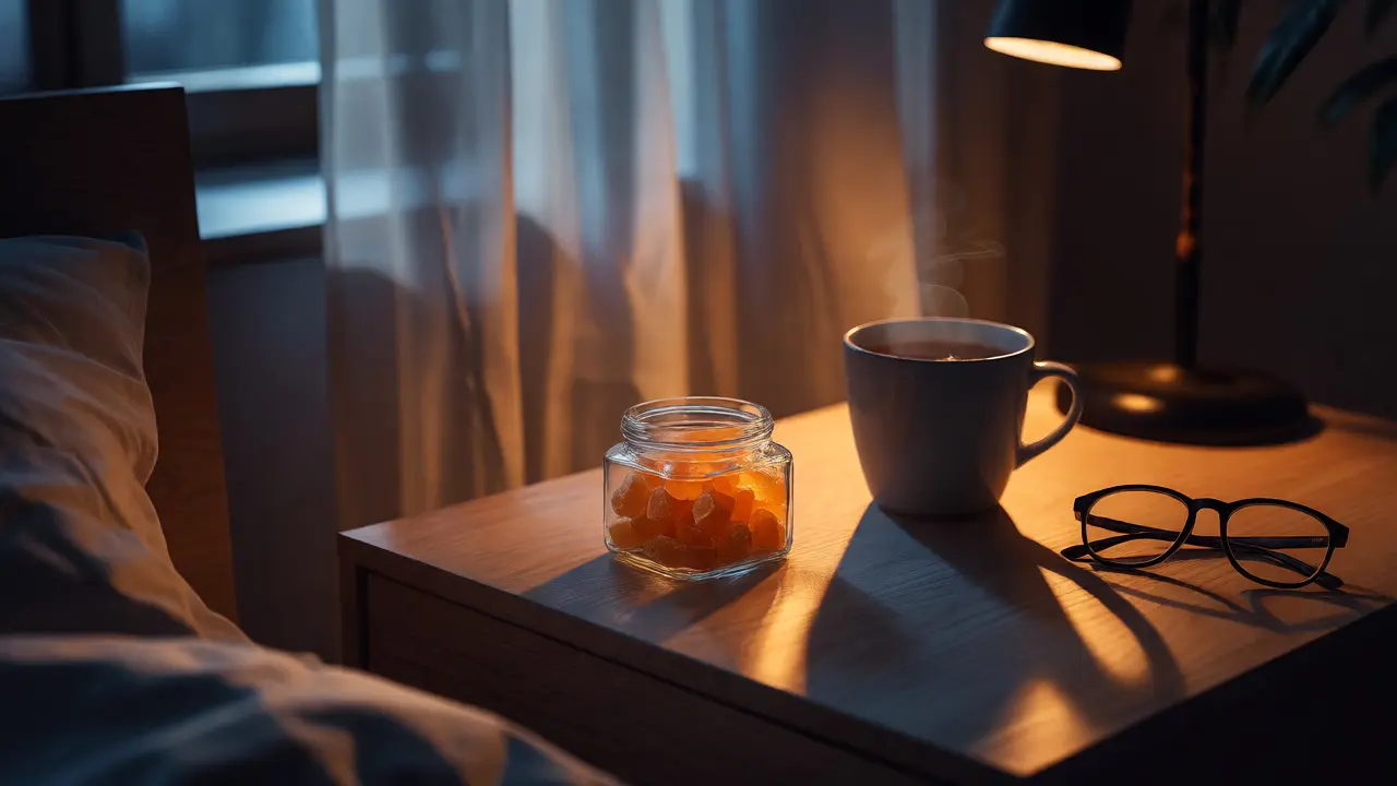 Noční stolek s konopnými gummies a čajem v tlumeném světle
