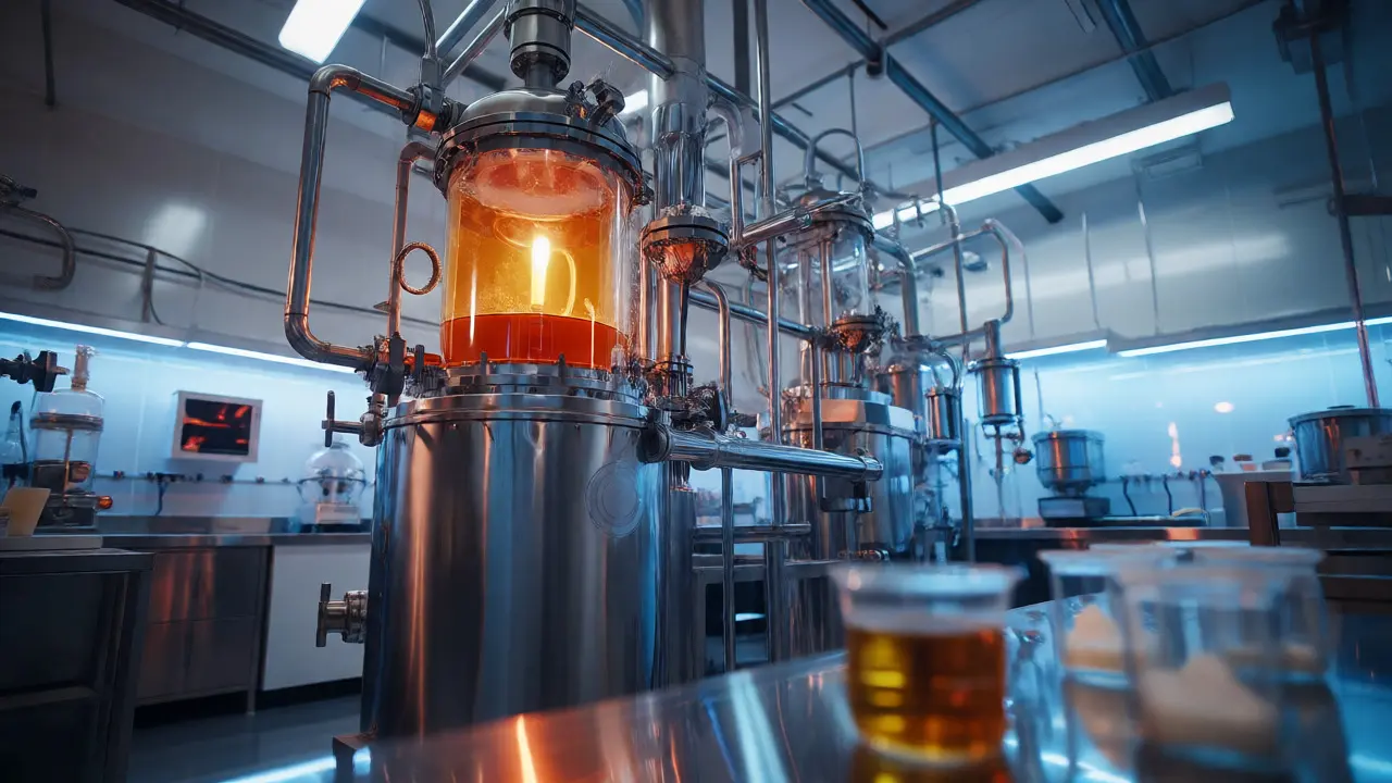 Průmyslový CO2 extraktor v laboratoři s nádobami na extrakt