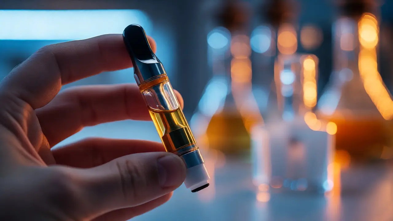 Ruka drží čistý HHC vape cartridge v laboratorním prostředí