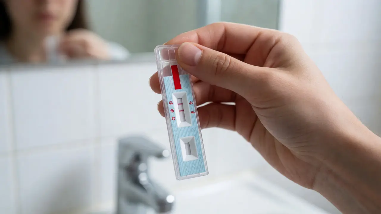 Ruka držící negativní test na drogy před zrcadlem v koupelně