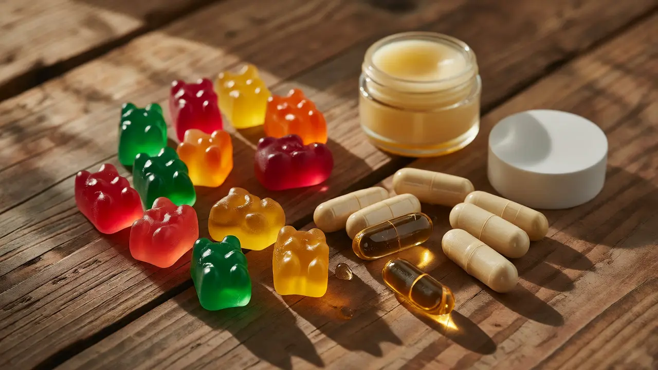 Různé formy CBD produktů, včetně gumových medvídků, kapslí a masti, na dřevěném stole.