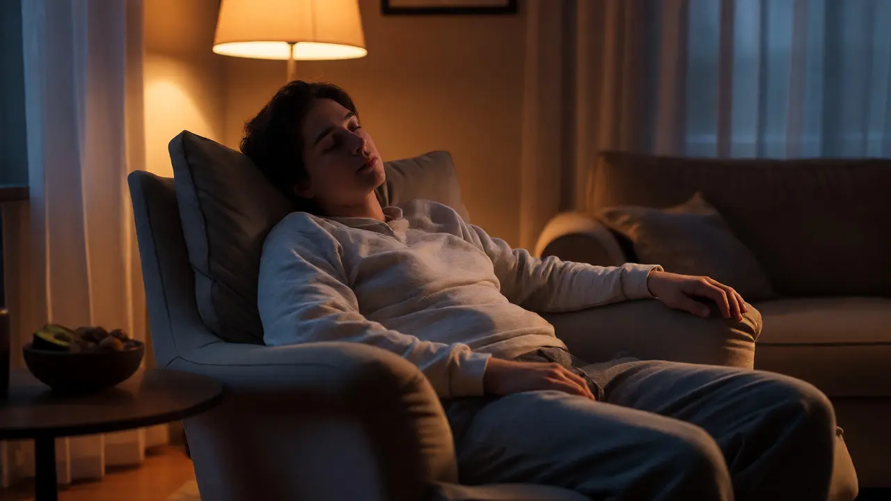 Uvolněná osoba v křesle večer, symbolizující relaxační účinky HHC