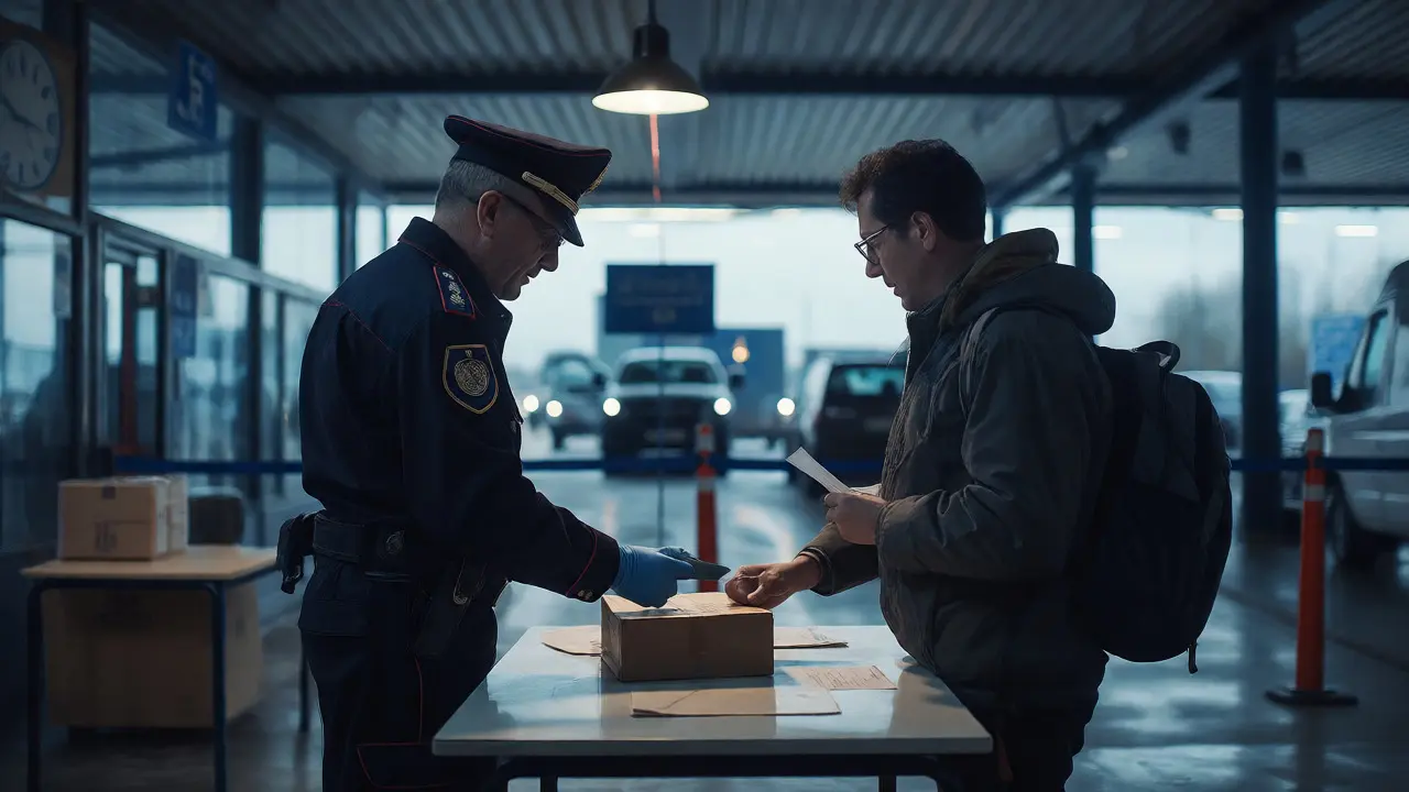 Italský celník kontroluje balíček na hranicích