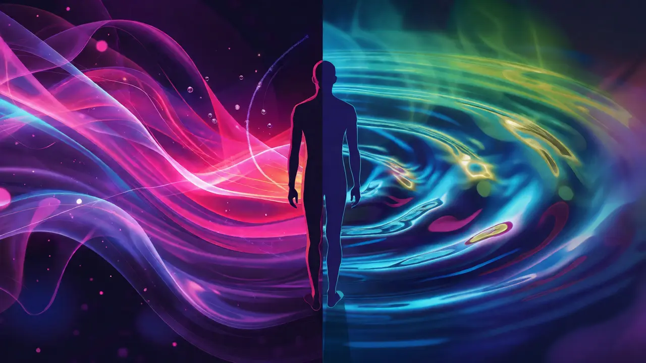 Konceptuální rozdělený obraz znázorňující psychoaktivní účinky THC versus klid CBD.