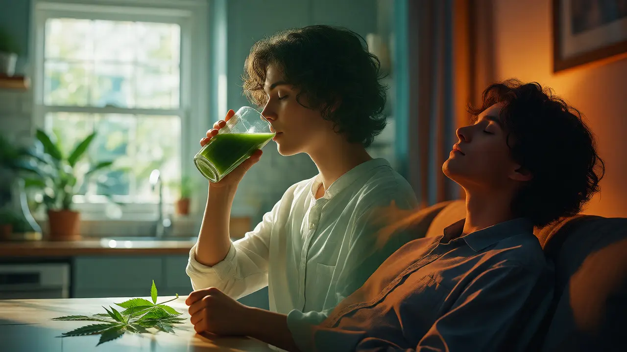 Rozdělený obraz osoby pijící šťávu ve dne a relaxující večer, ilustrující různé účinky THCA.
