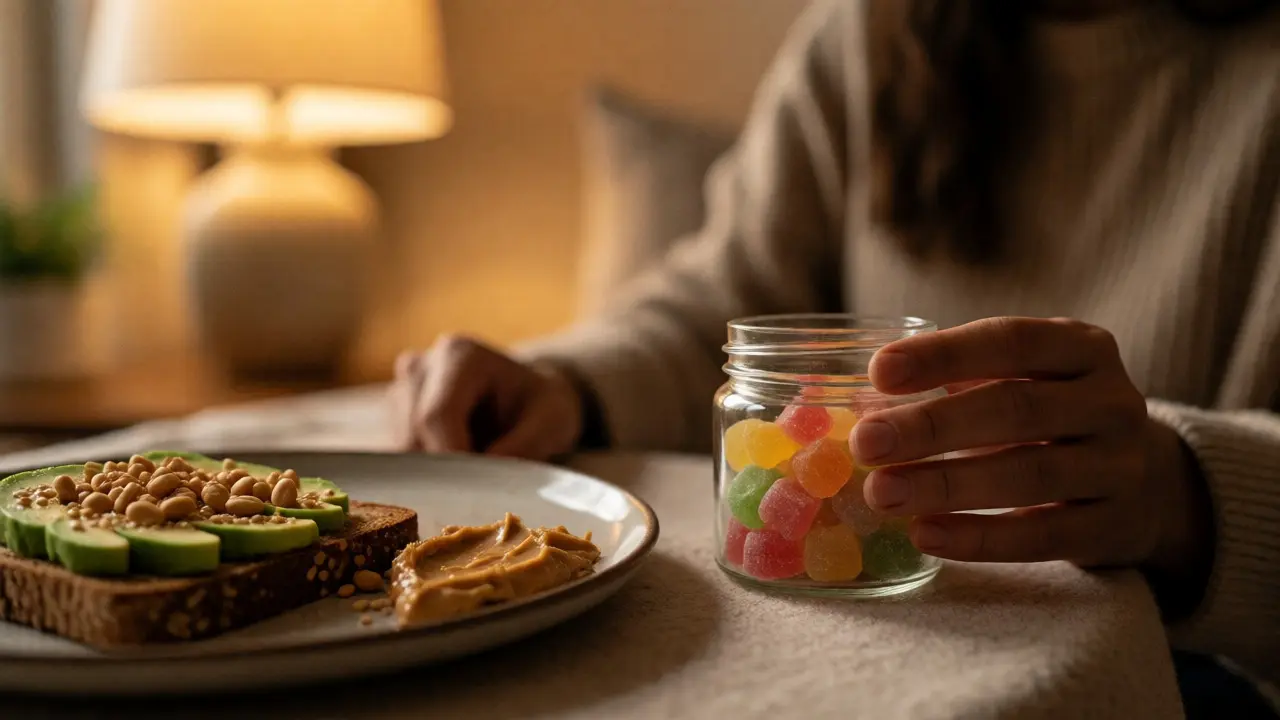 Skleněná dóza s gummies vedle avokádového toastu ve teplém osvětlení